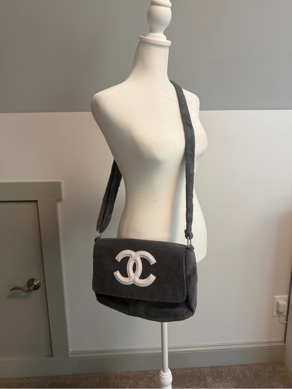 Chanel Precision Gray Plush Terry Cloth Crossbody Messenger Bag GWP